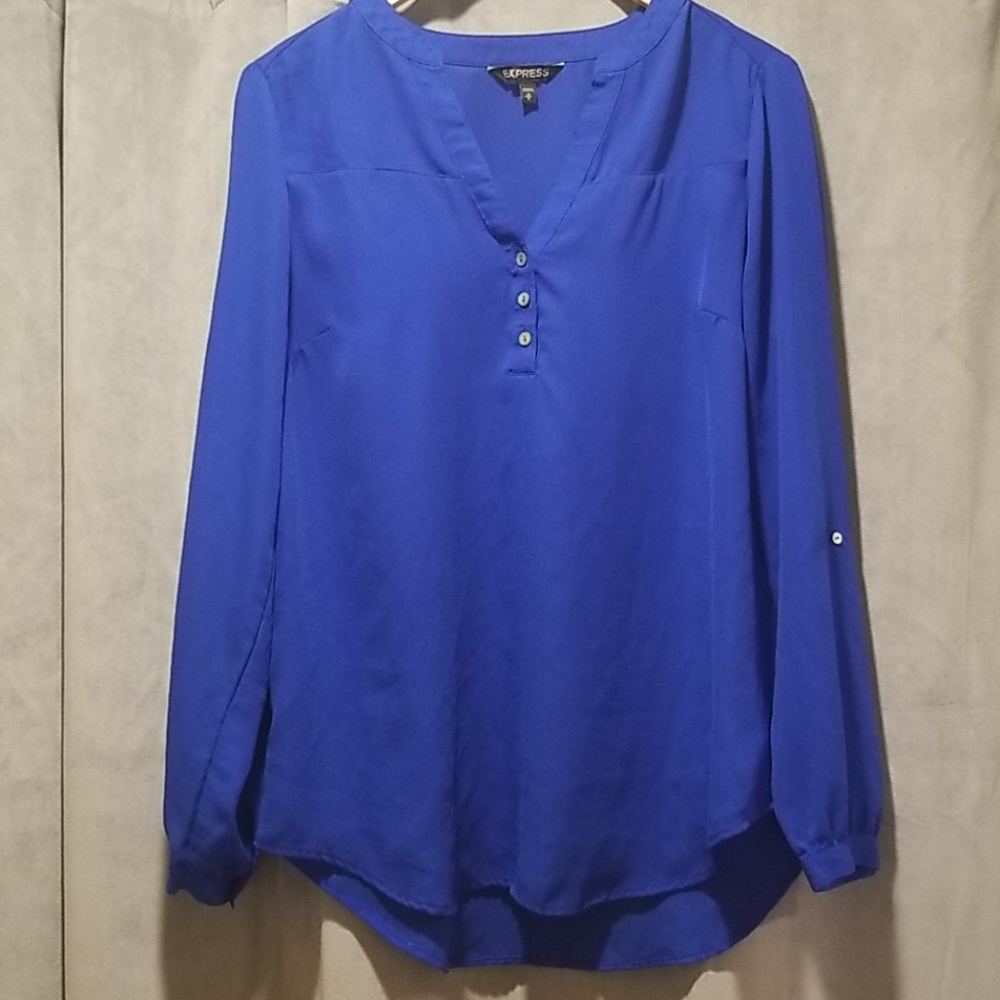 Express Notch V-Neck Long Sleeve Blouse - Cobalt